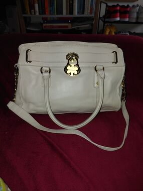 Emma Fox - Women's Cream Genuine Leather Satchel with Gold Hardware